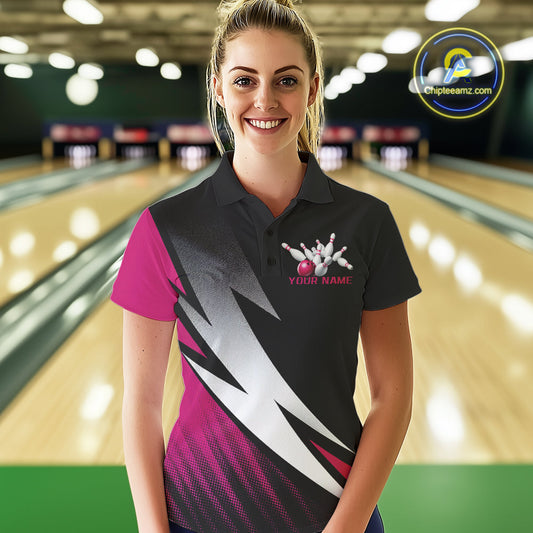Black And Pink Custom Bowling Jerseys, Women Polo Shirt Bowling Tournament Outfits IPHW9081