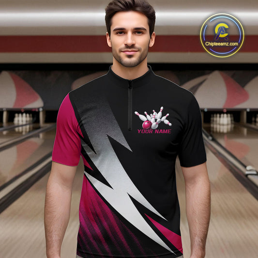 Black And Pink Custom Bowling Jerseys, Men Quarter-Zip Shirt Bowling Tournament Outfits IPHW9081