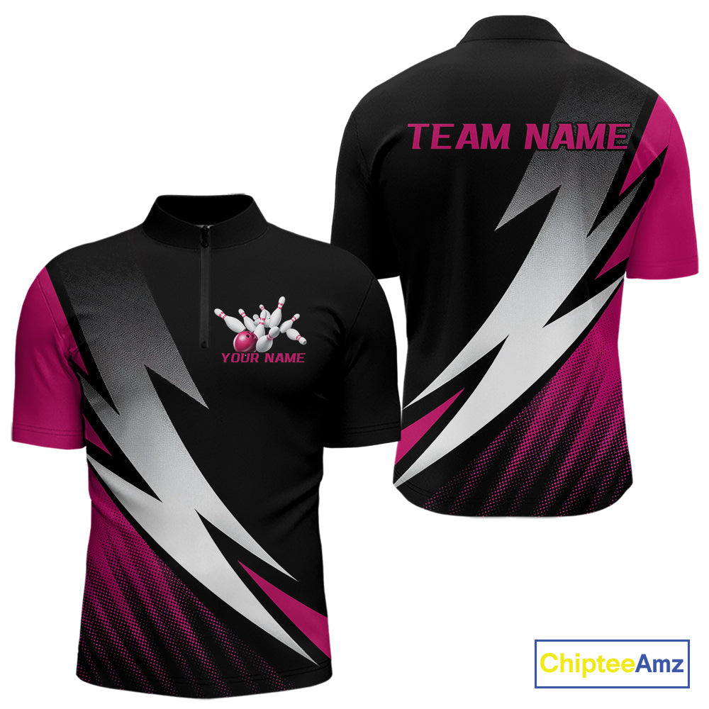 Black And Pink Custom Bowling Jerseys, Men Quarter-Zip Shirt Bowling Tournament Outfits IPHW9081