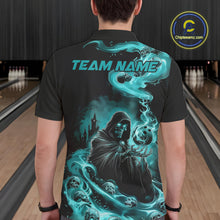 Load image into Gallery viewer, Custom Grim Reaper Bowling Polo Shirts For Men, Teal Blue Flame Skull Halloween Design IPHW9082