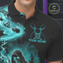 Load image into Gallery viewer, Custom Grim Reaper Bowling Polo Shirts For Men, Teal Blue Flame Skull Halloween Design IPHW9082