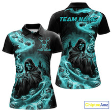 Load image into Gallery viewer, Custom Grim Reaper Bowling Polo Shirts For Women, Teal Blue Flame Skull Halloween Design IPHW9082