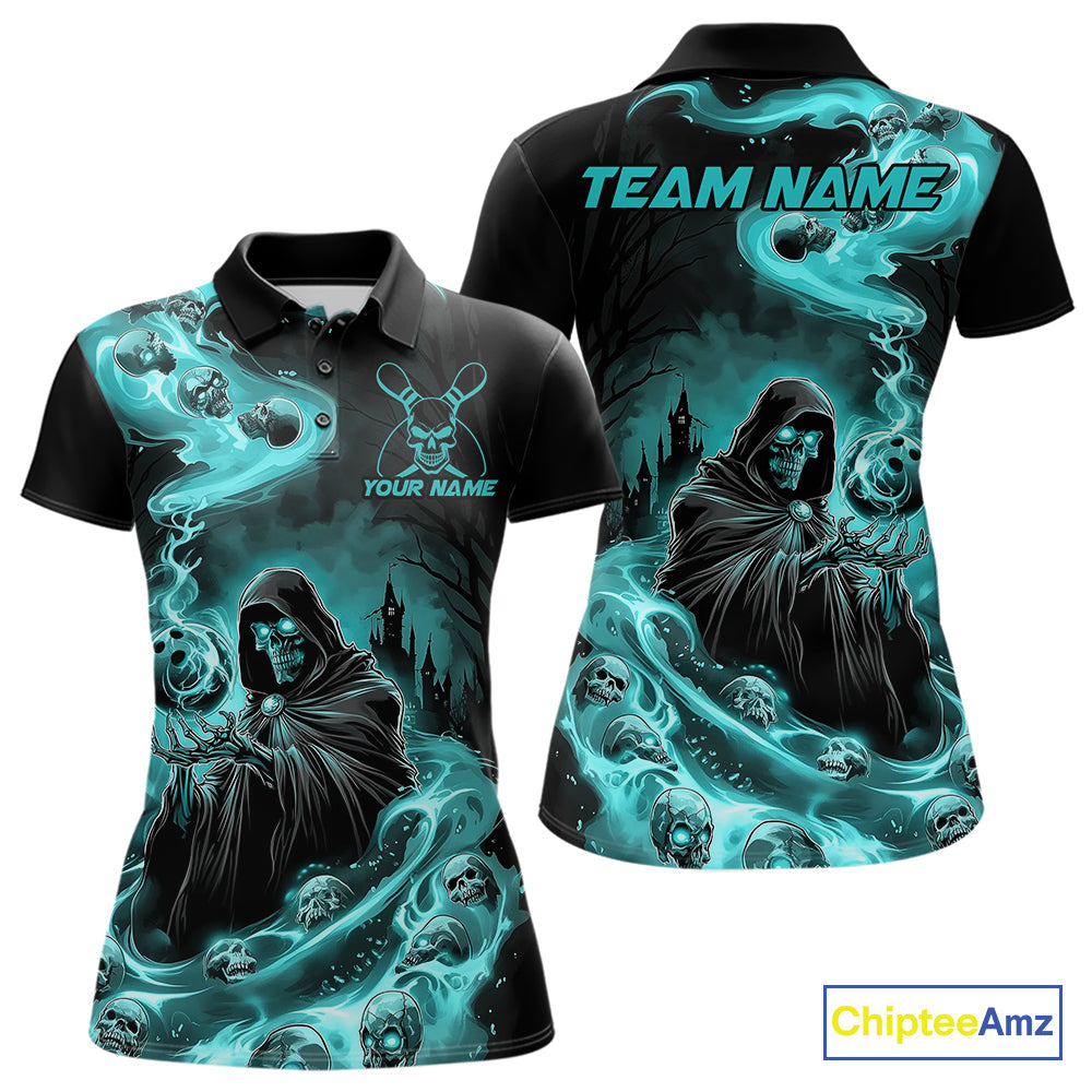 Custom Grim Reaper Bowling Polo Shirts For Women, Teal Blue Flame Skull Halloween Design IPHW9082