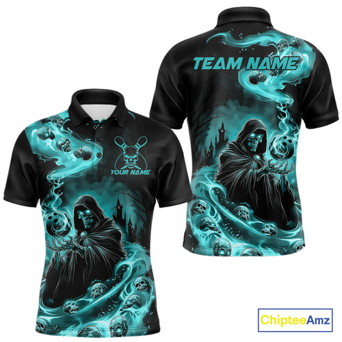 Custom Grim Reaper Bowling Polo Shirts For Men, Teal Blue Flame Skull Halloween Design IPHW9082