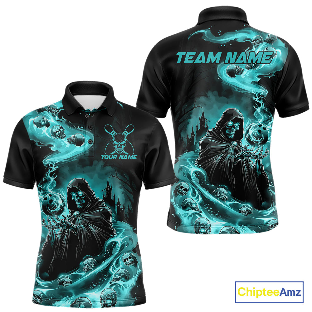 Custom Grim Reaper Bowling Polo Shirts For Men, Teal Blue Flame Skull Halloween Design IPHW9082