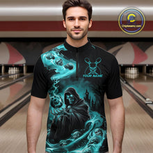 Load image into Gallery viewer, Custom Grim Reaper Bowling Quarter-Zip Shirts For Men, Teal Blue Flame Skull Halloween Design IPHW9082