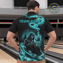 Load image into Gallery viewer, Custom Grim Reaper Bowling Quarter-Zip Shirts For Men, Teal Blue Flame Skull Halloween Design IPHW9082