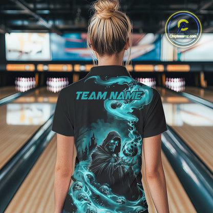 Custom Grim Reaper Bowling Women Quarter-Zip Shirt, Teal Blue Flame Skull Halloween IPHW9082