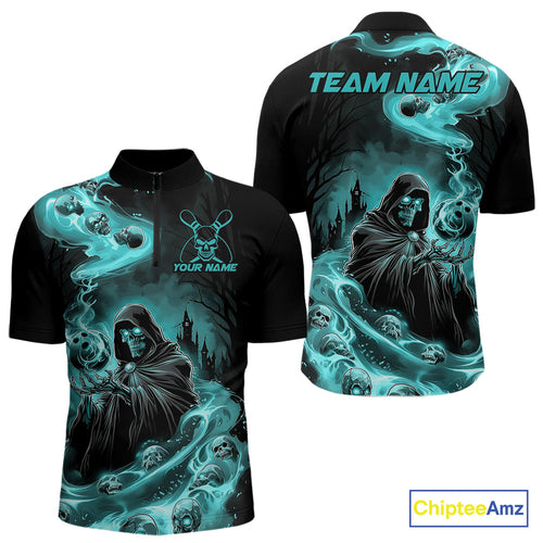 Custom Grim Reaper Bowling Quarter-Zip Shirts For Men, Teal Blue Flame Skull Halloween Design IPHW9082