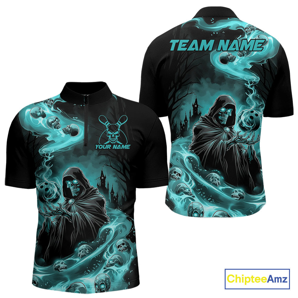 Custom Grim Reaper Bowling Quarter-Zip Shirts For Men, Teal Blue Flame Skull Halloween Design IPHW9082