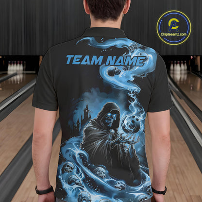 Custom Grim Reaper Bowling Polo Shirts For Men, Mid Blue Flame Skull Halloween Design IPHW9083