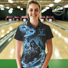 Load image into Gallery viewer, Custom Grim Reaper Bowling Polo Shirts For Women, Mid Blue Flame Skull Halloween Design IPHW9083