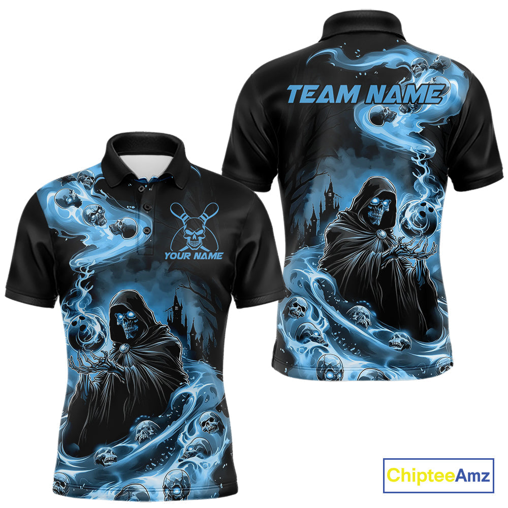 Custom Grim Reaper Bowling Polo Shirts For Men, Mid Blue Flame Skull Halloween Design IPHW9083