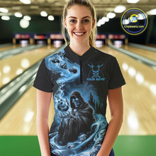 Load image into Gallery viewer, Custom Grim Reaper Bowling Women Quarter-Zip Shirt, Mid Blue Flame Skull Halloween IPHW9083