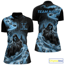Load image into Gallery viewer, Custom Grim Reaper Bowling Women Quarter-Zip Shirt, Mid Blue Flame Skull Halloween IPHW9083