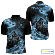 Load image into Gallery viewer, Custom Grim Reaper Bowling Quarter-Zip Shirts For Men, Mid Blue Flame Skull Halloween Design IPHW9083