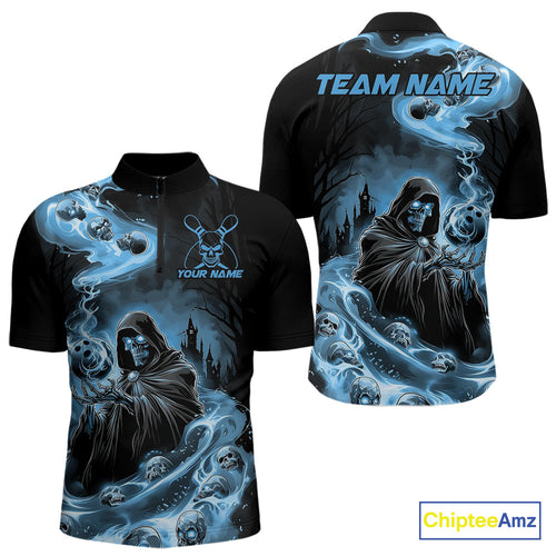 Custom Grim Reaper Bowling Quarter-Zip Shirts For Men, Mid Blue Flame Skull Halloween Design IPHW9083