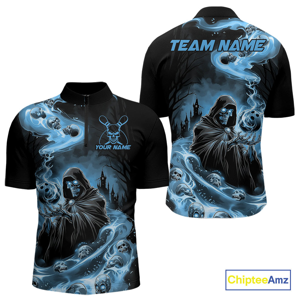 Custom Grim Reaper Bowling Quarter-Zip Shirts For Men, Mid Blue Flame Skull Halloween Design IPHW9083