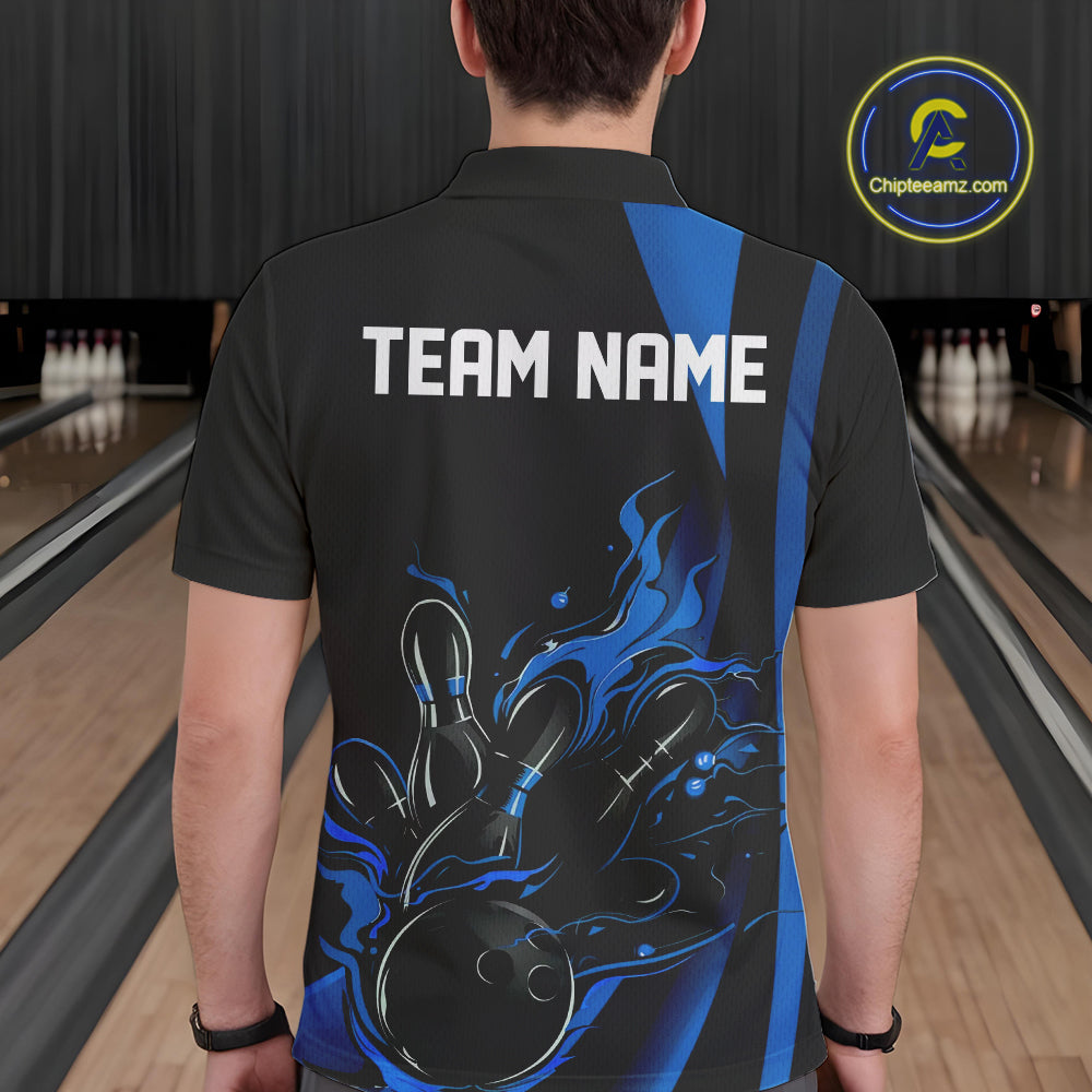 Custom Mid Blue Flame Bowling Polo Shirts For Men, Striking Fire Jerseys Team Uniform IPHW9084