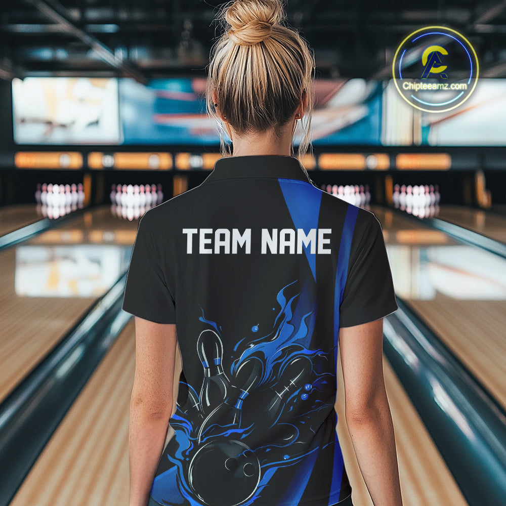 Custom Mid Blue Flame Bowling Women Quarter-Zip Shirt, Striking Fire Jerseys Team Uniform IPHW9084