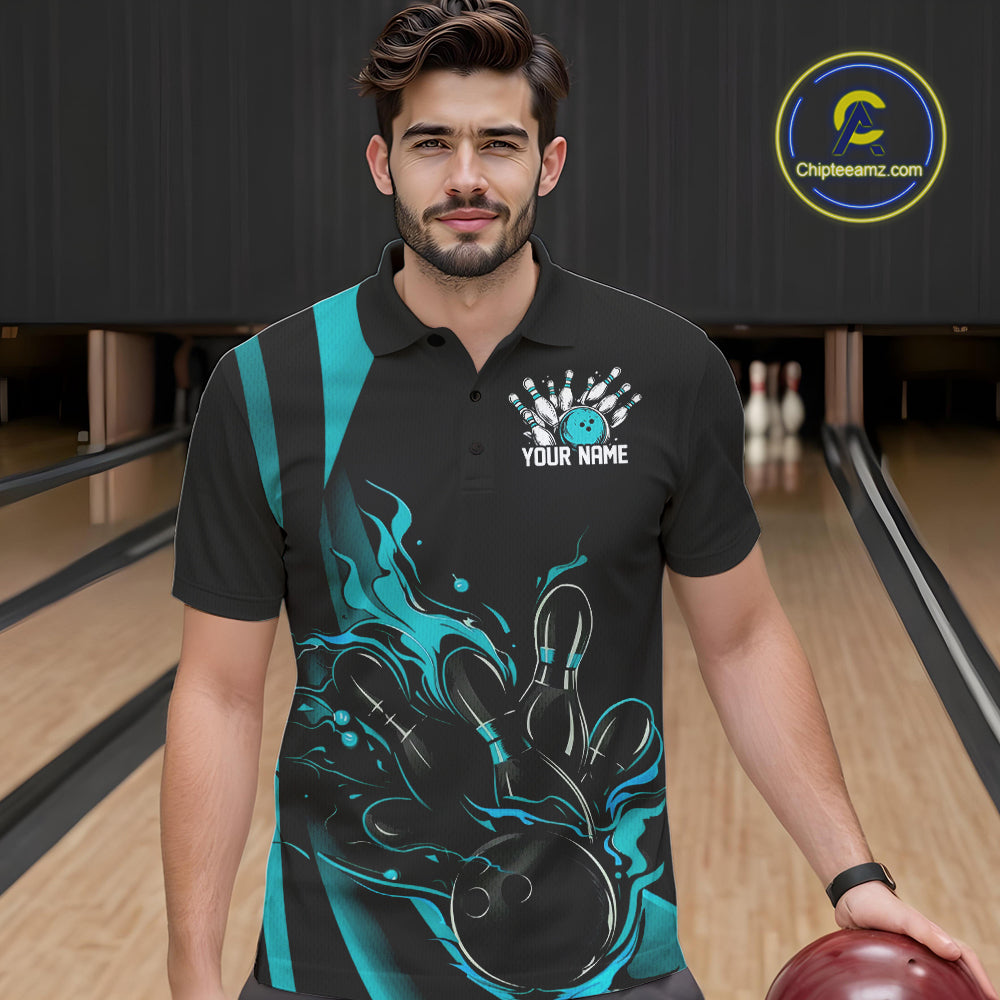 Custom Teal Blue Flame Bowling Polo Shirts For Men, Striking Fire Jerseys Team Uniform IPHW9085