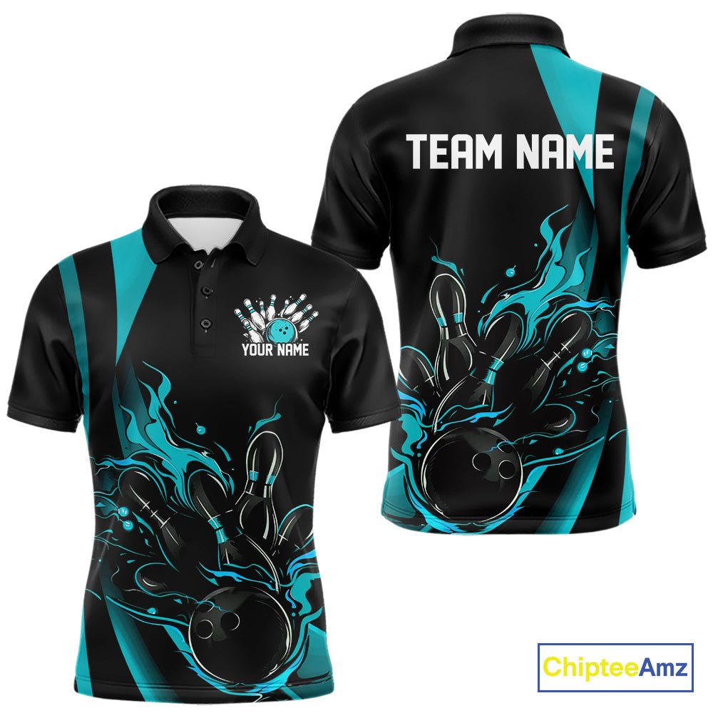 Custom Teal Blue Flame Bowling Polo Shirts For Men, Striking Fire Jerseys Team Uniform IPHW9085