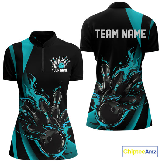 Custom Teal Blue Flame Bowling Women Quarter-Zip Shirt, Striking Fire Jersey Team Uniform IPHW9085