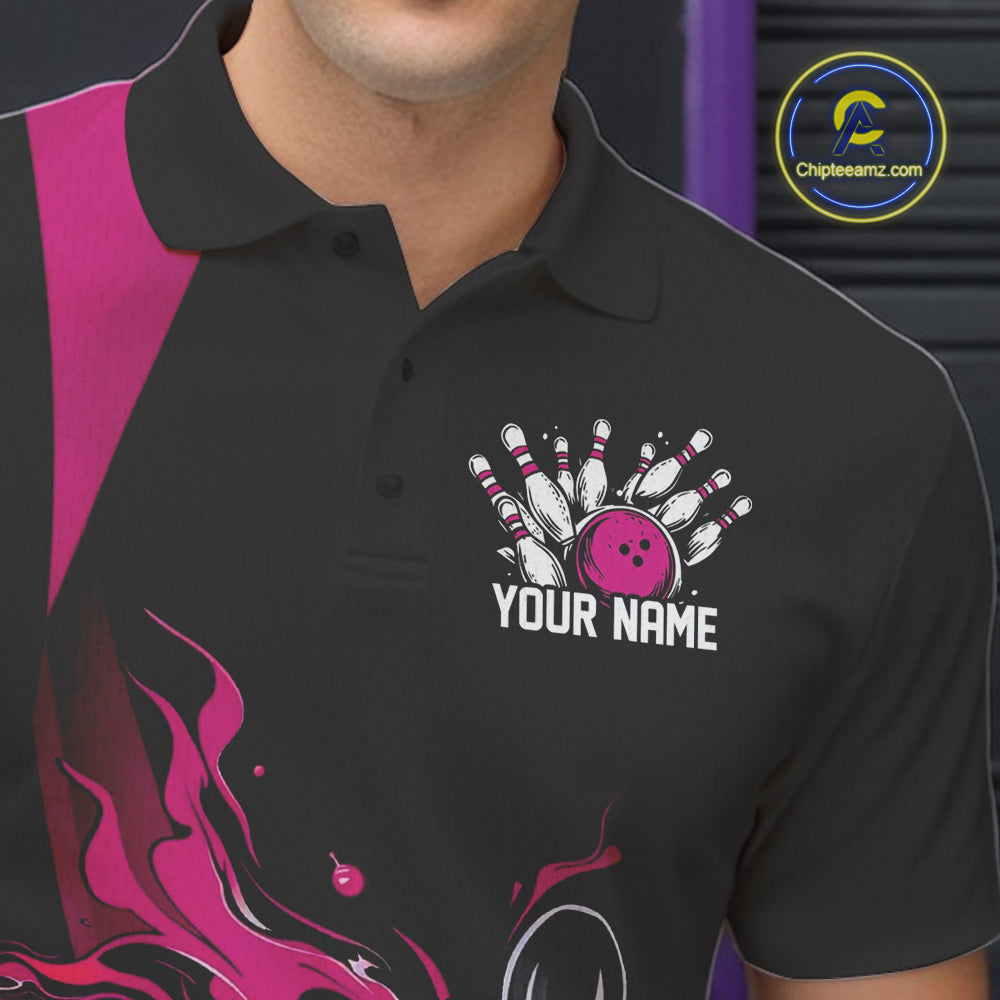 Custom Pink Flame Bowling Polo Shirts For Men, Striking Fire Jerseys Team Uniform IPHW9086