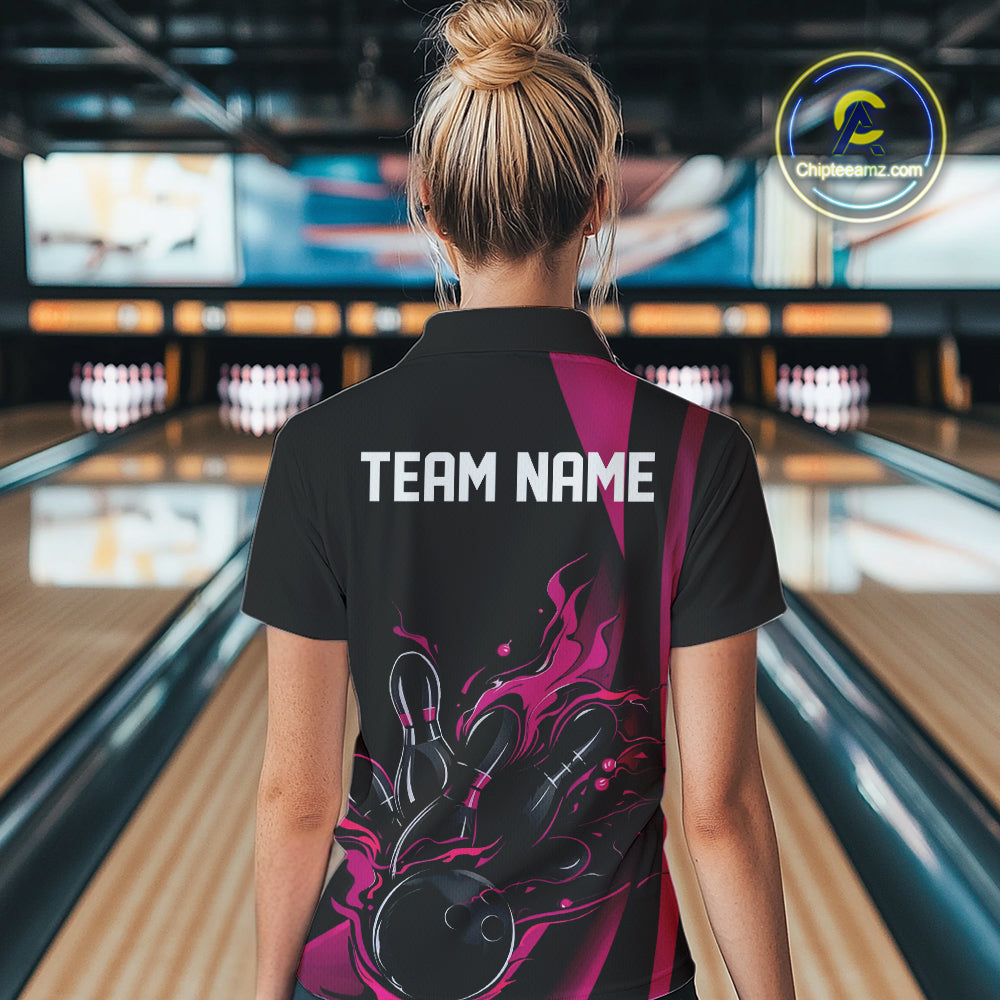 Custom Pink Flame Bowling Polo Shirts For Women, Striking Fire Jerseys Team Uniform IPHW9086