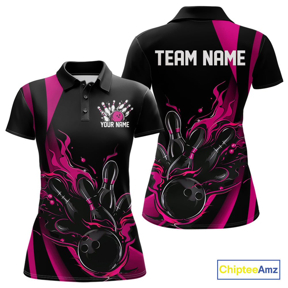 Custom Pink Flame Bowling Polo Shirts For Women, Striking Fire Jerseys Team Uniform IPHW9086