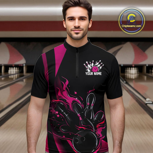 Custom Pink Flame Bowling Quarter-Zip Shirts For Men, Striking Fire Jerseys Team Uniform IPHW9086
