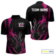 Load image into Gallery viewer, Custom Pink Flame Bowling Quarter-Zip Shirts For Men, Striking Fire Jerseys Team Uniform IPHW9086