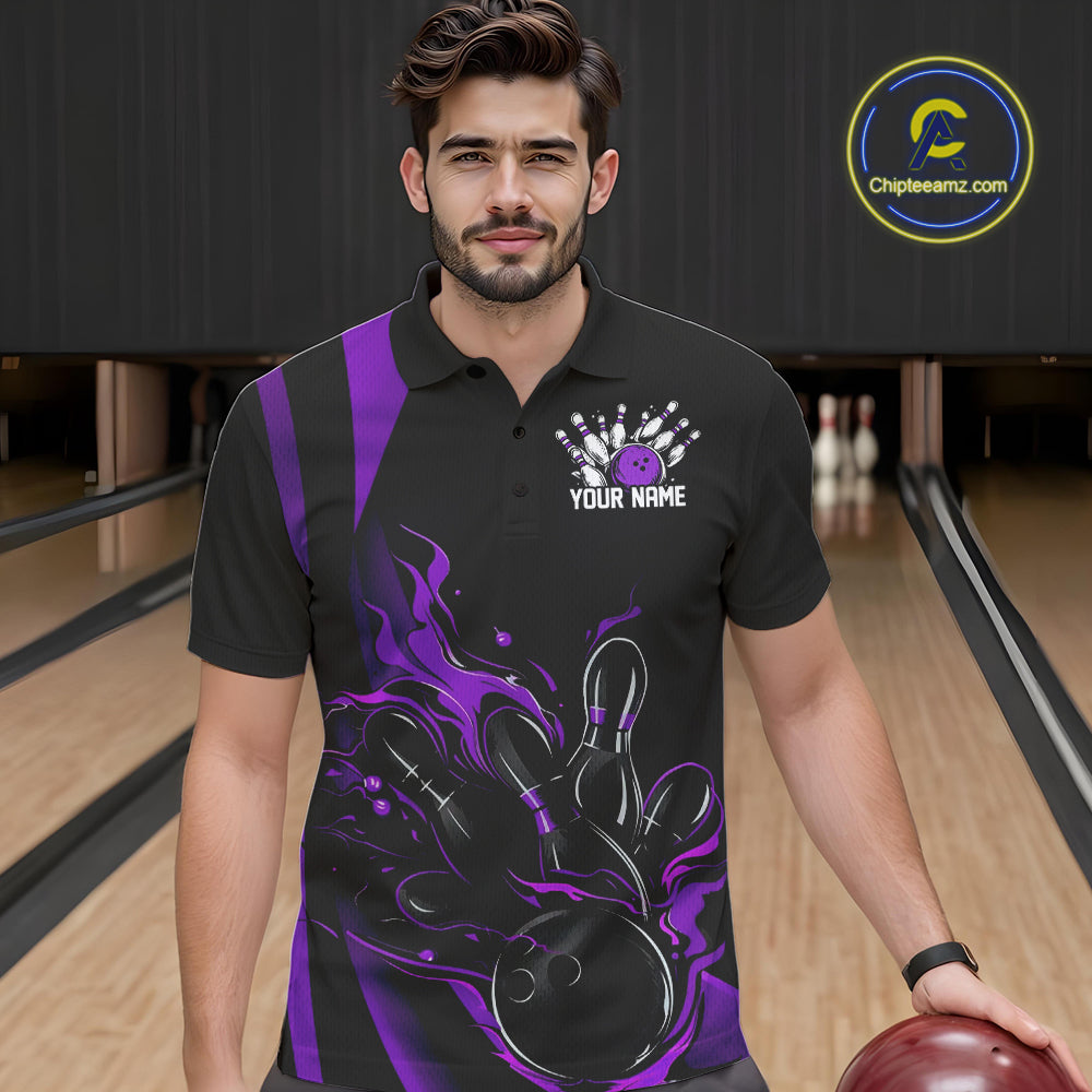 Custom Purple Flame Bowling Polo Shirts For Men, Striking Fire Jerseys Team Uniform IPHW9087