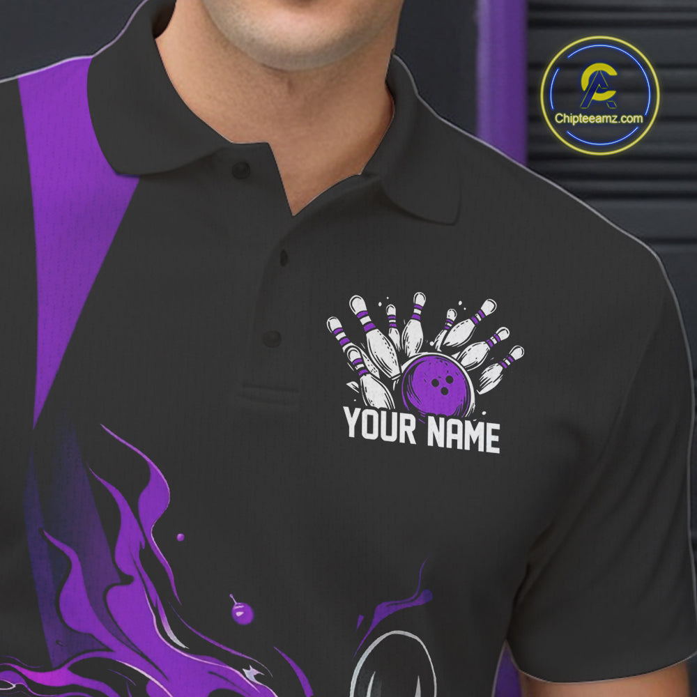 Custom Purple Flame Bowling Polo Shirts For Men, Striking Fire Jerseys Team Uniform IPHW9087
