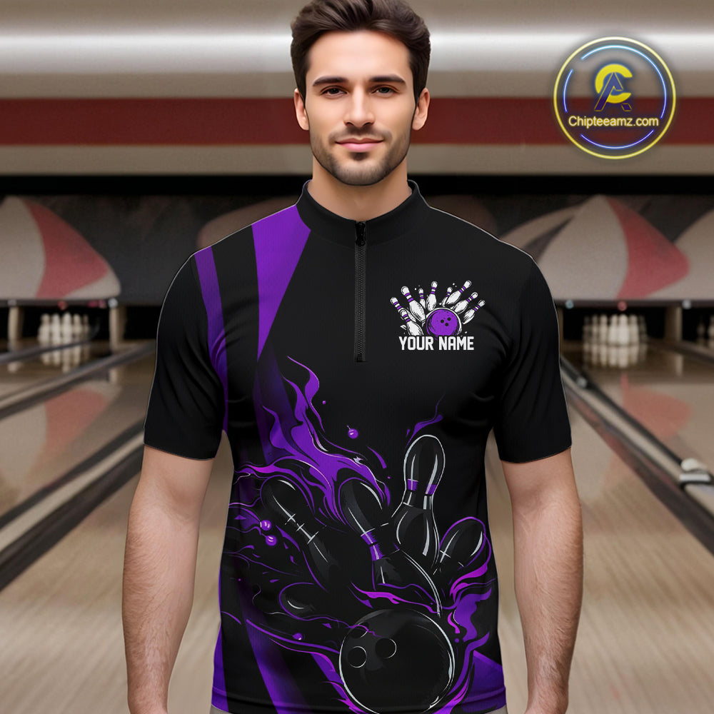 Custom Purple Flame Bowling Quarter-Zip Shirts For Men, Striking Fire Jerseys Team Uniform IPHW9087