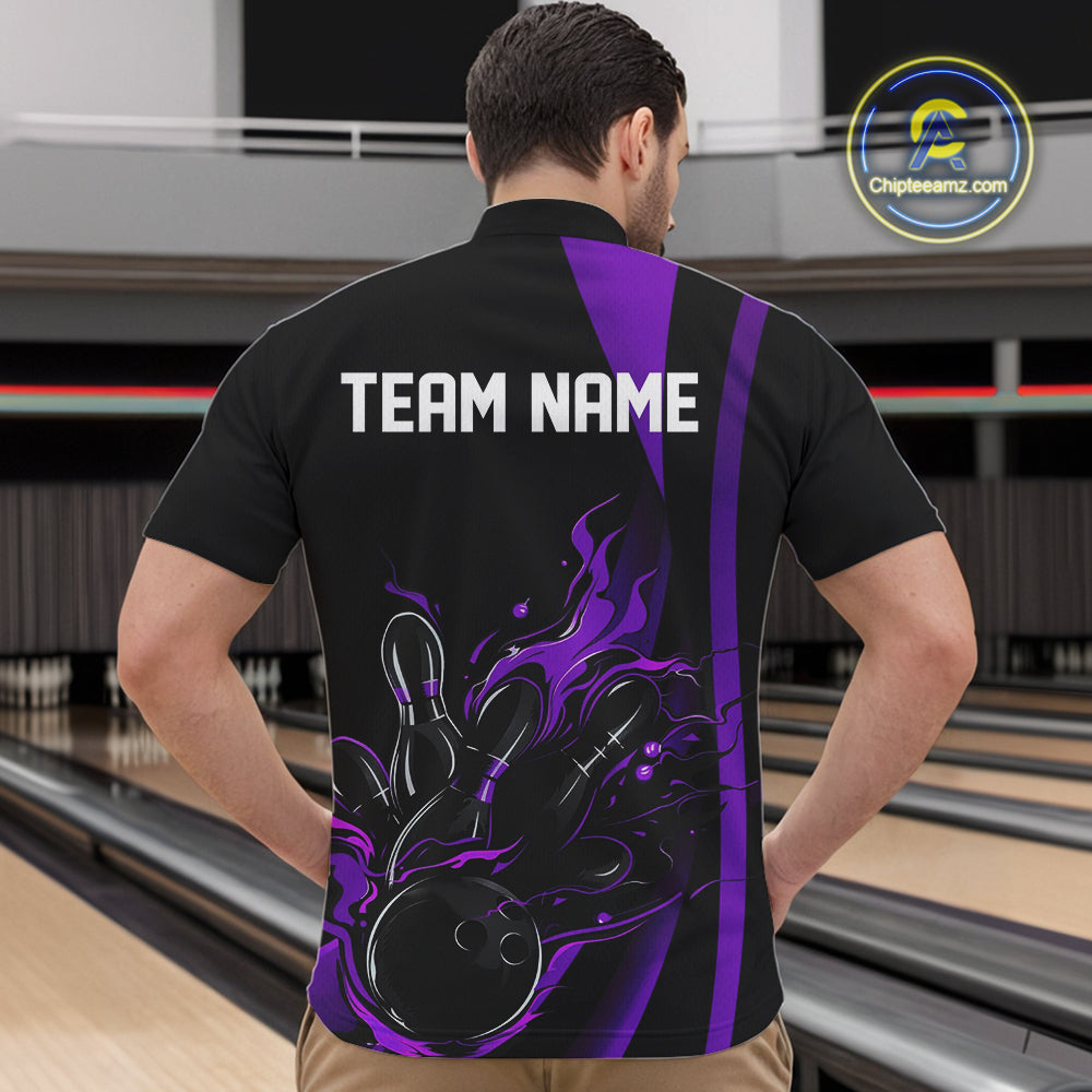 Custom Purple Flame Bowling Quarter-Zip Shirts For Men, Striking Fire Jerseys Team Uniform IPHW9087