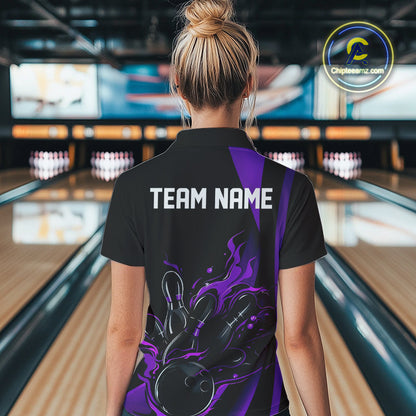 Custom Purple Flame Bowling Women Quarter-Zip Shirts, Striking Fire Jerseys Team Uniform IPHW9087