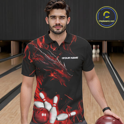 Custom Black And Red Flame Dragon Bowling Team Men Polo Shirts, Bowling League Shirt IPHW9333