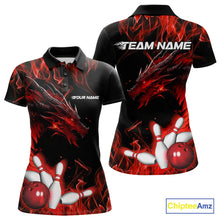 Load image into Gallery viewer, Custom Black And Red Flame Dragon Bowling Team Women Polo Shirts, Bowling League Shirt IPHW9333