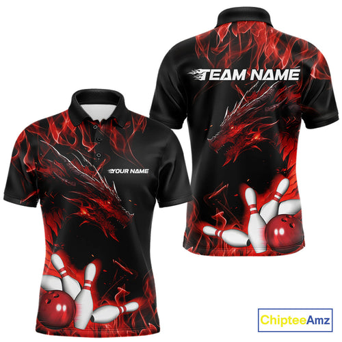 Custom Black And Red Flame Dragon Bowling Team Men Polo Shirts, Bowling League Shirt IPHW9333