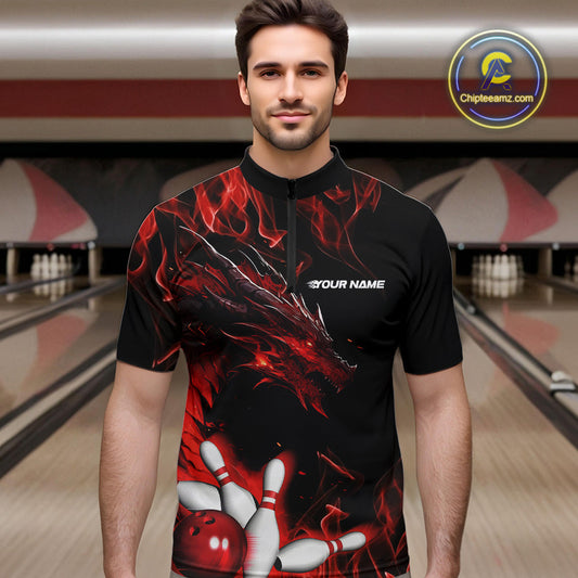 Custom Black And Red Flame Dragon Bowling Team Men Quarter-Zip Shirts, Bowling League Shirt IPHW9333