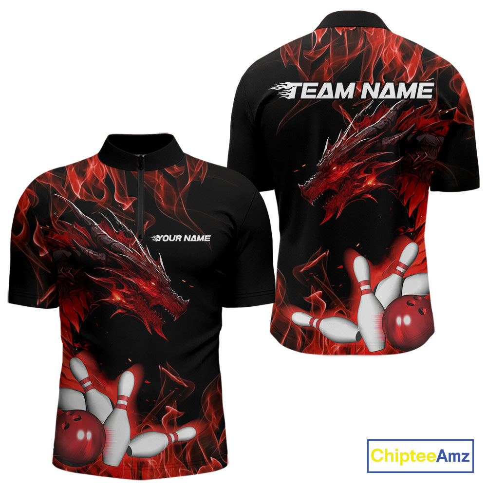 Custom Black And Red Flame Dragon Bowling Team Men Quarter-Zip Shirts, Bowling League Shirt IPHW9333