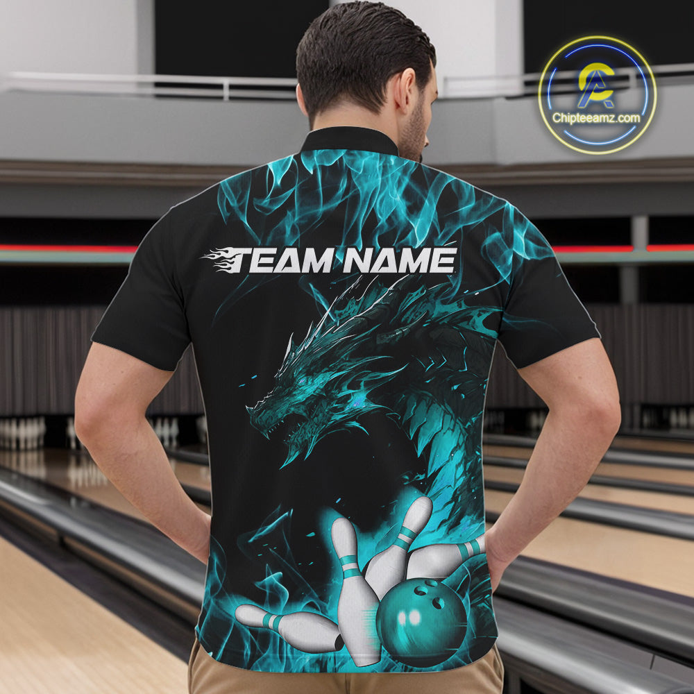 Custom Black And Blue Flame Dragon Bowling Team Men Quarter-Zip Shirts, Bowling League Shirt IPHW9334