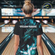 Load image into Gallery viewer, Custom Black And Blue Flame Dragon Bowling Women Quarter-Zip Shirts, Bowling League Shirt IPHW9334