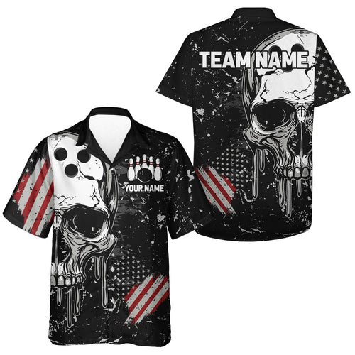 Custom Vintage American Flag Patriotic Bowling Men And Women Hawaiian Shirts, Skull Bowling Team Shirt IPHW7083