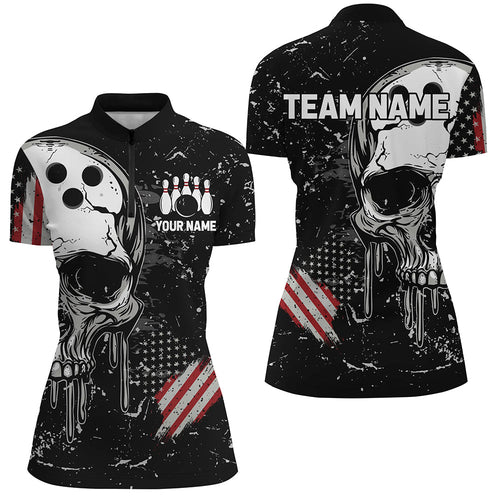 Custom Vintage American Flag Patriotic Bowling Shirts For Women, Skull Bowling Team Shirts IPHW7083