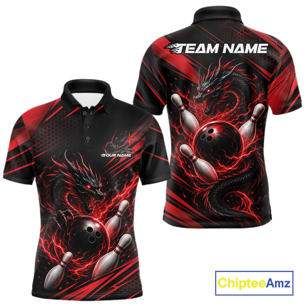 Custom Black And Red Flame Dragon Bowling Jersey, Dragon Bowling Men Polo Shirt IPHW11833