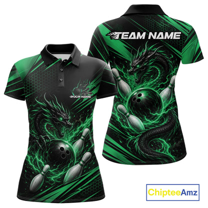 Custom Black And Green Flame Dragon Bowling Jersey, Dragon Bowling Women Polo Shirt IPHW11836