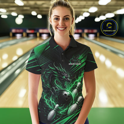 Custom Black And Green Flame Dragon Bowling Jersey, Dragon Bowling Women Polo Shirt IPHW11836