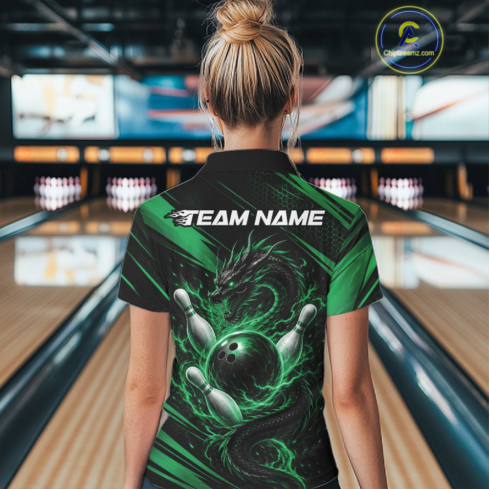 Custom Black And Green Flame Dragon Bowling Jersey, Dragon Bowling Women Polo Shirt IPHW11836